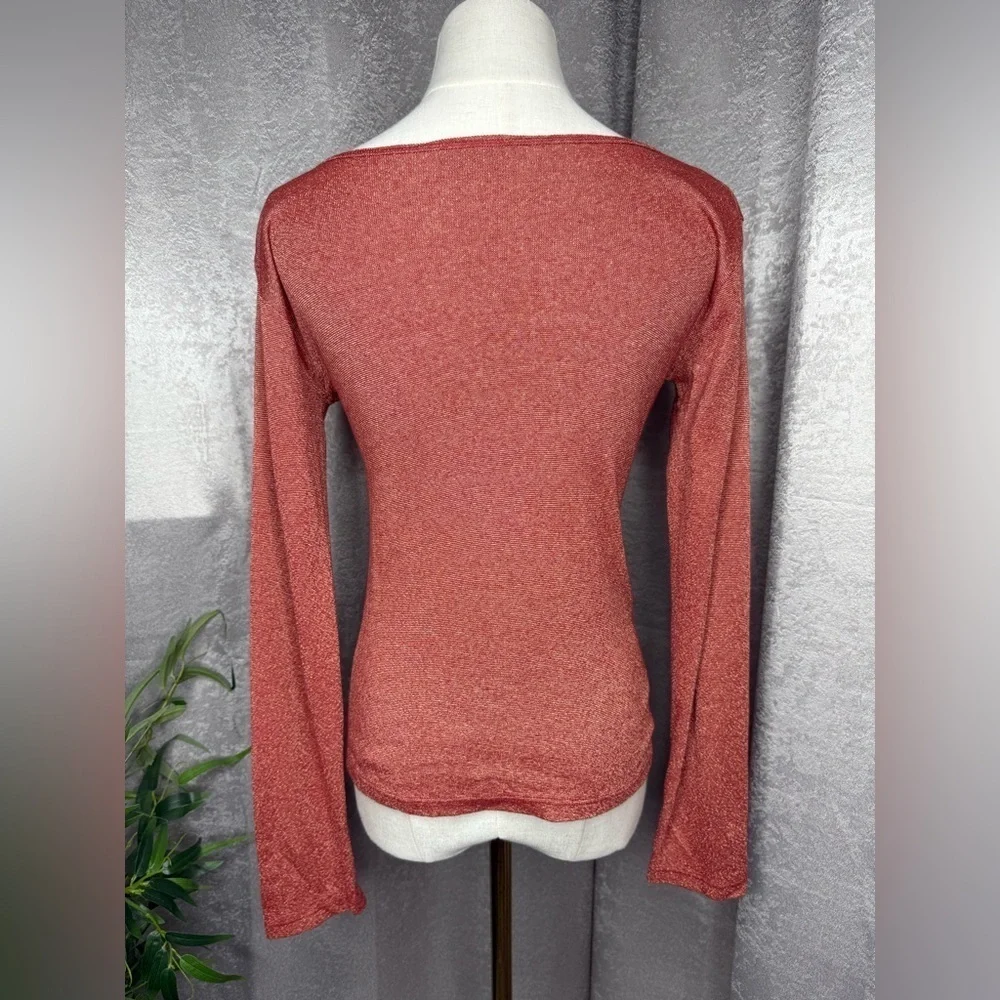 Michael Stars Women’s Red Metallic V-Neck Long Sleeve Tee One Size Fits All Most